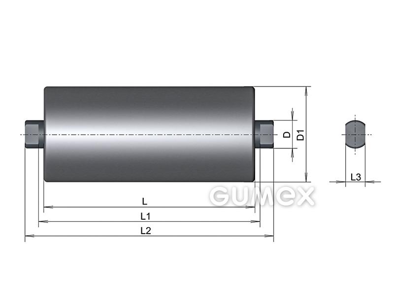 Váleček dopravníku, průměr 89mm, délka 200mm, hřídel o průměru 20mm, délka hřídele 228mm, oba konce 14mm, ocel, červený